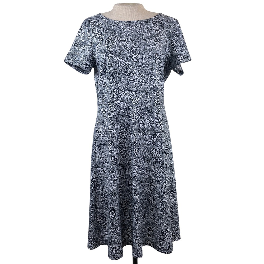 Talbots Womens Black White Paisley Short Sleeve Fit Flare Knit Dress Size 10